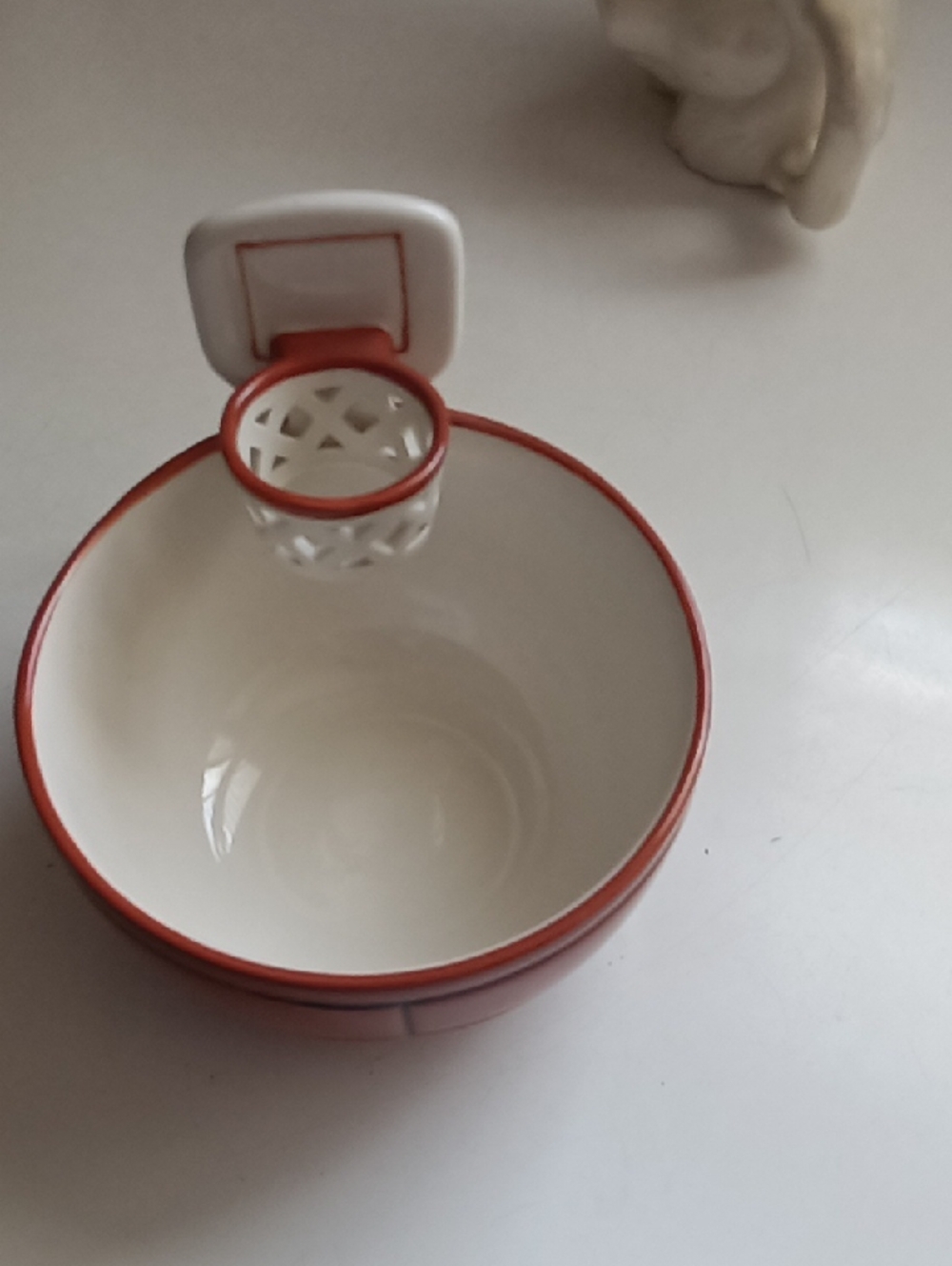Ceramic Red-Trim Hanging Dip Bowl with Strainer